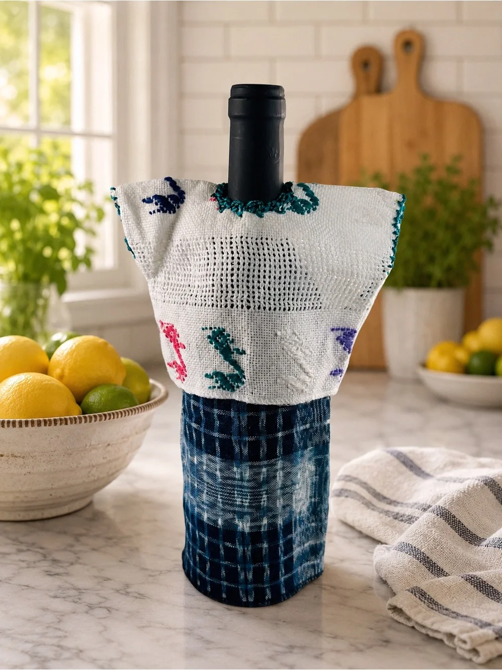 Handwoven Guatemalan Huipil & Corte Wine Bottle Cover